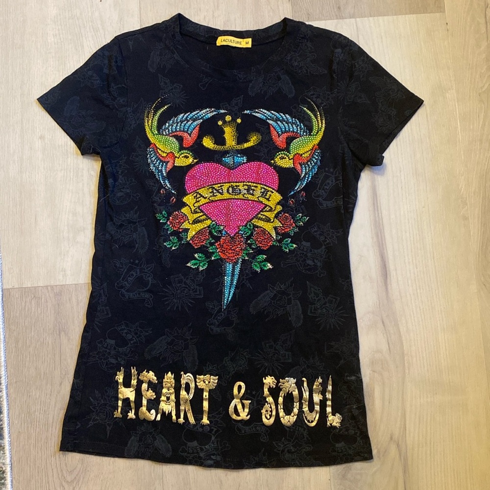 Vintage LA CULTURE Y2K Tattoo Rhinestone 100% Cotton Top - Size S